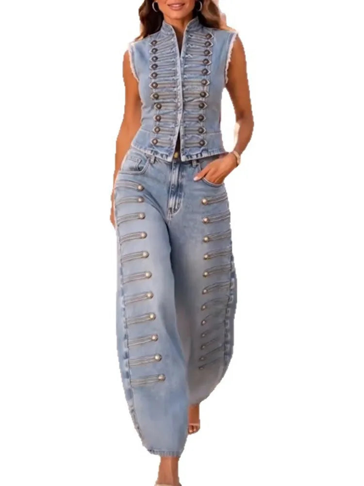 Bronwen Studded Denim Stand-Collar Vest & Wide-Leg Pants Two-piece
