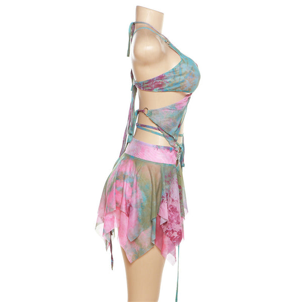 Gwynedd Y2K Ruffle Tie-Dye Crop Top & Wrap Mini Skirt Set
