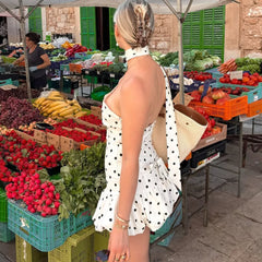 Isabella Riviera Polka Dot One-Shoulder Halter Ruffle Mini Dress