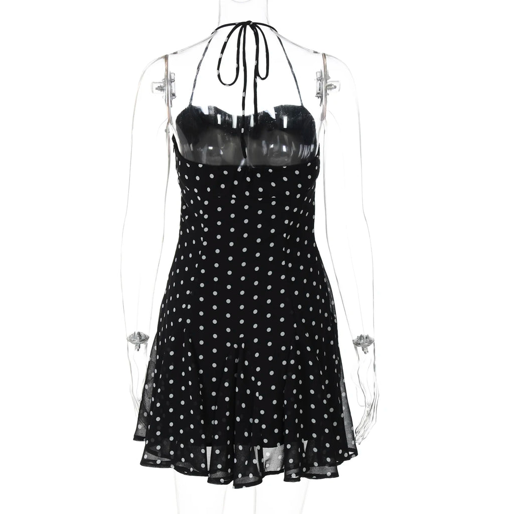 Domino Polka-Dot Halter A-Line Mini Dress