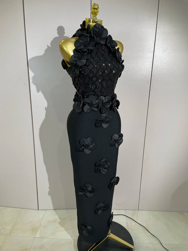 Winona Beaded Floral Mesh Bandage Maxi Dress