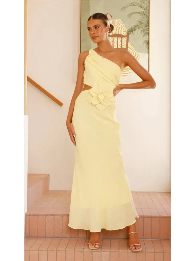 Genevieve 3D Floral One-Shoulder Cutout Maxi Dress