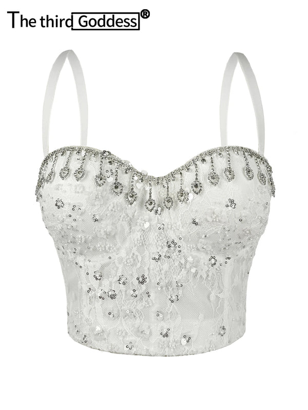 Sexy white rhinestone corset crop top women summer club party tops for woman clothing halter tank top cropped hotwife streetwear