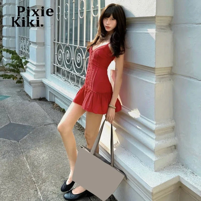 PixieKiki Spaghetti Strap Deep V Neck Pleated Mini Dress Sexy Red Summer Dresses Trendy Clothes Woman 2026 P33-EE12