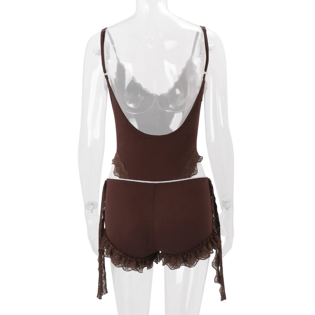 Talia Lace-Trim Bodysuit & Shorts Set Two-piece
