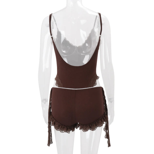 Talia Lace-Trim Bodysuit & Shorts Set Two-piece