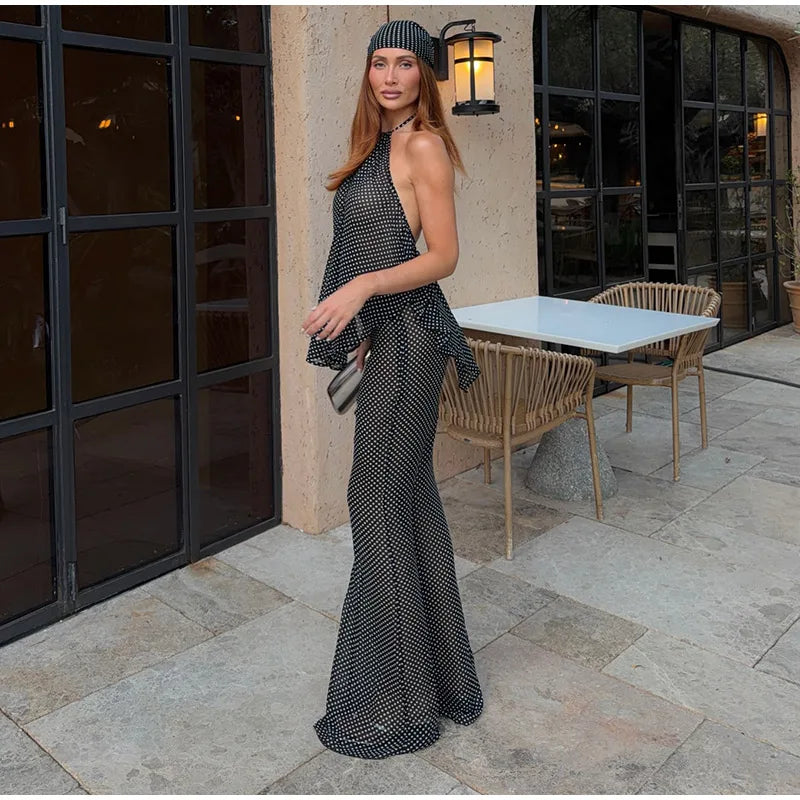 Marisela Retro Geometric Stripe Halter Backless Top & Flare Pants Two-piece