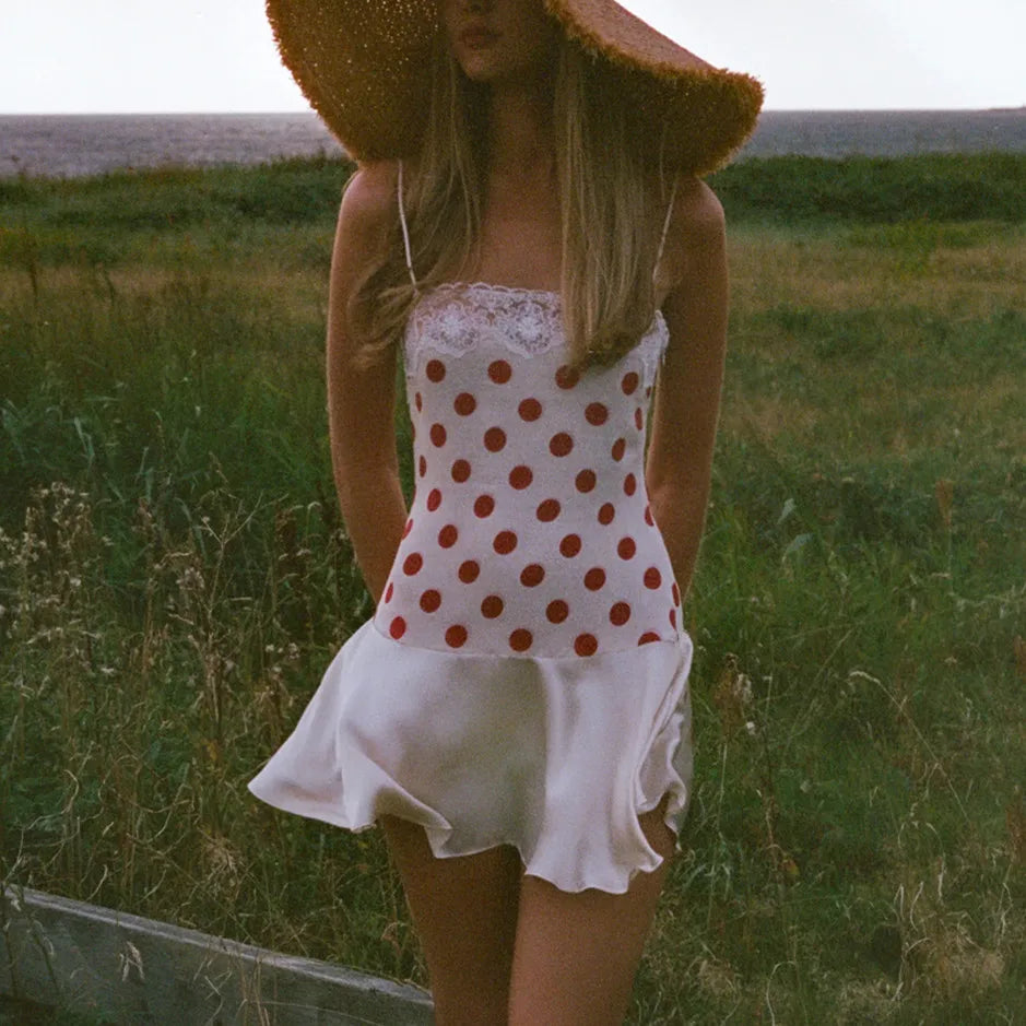 Eulalia Polka-Dot Lace-Trim Ruffle Mini Dress