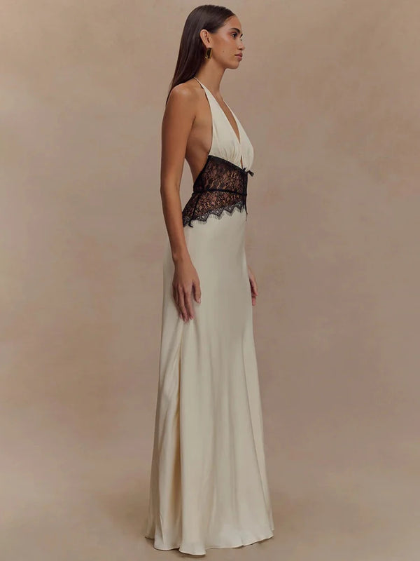 Calanthe Lace Halter Deep-V Maxi Dress