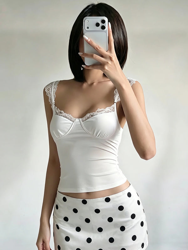 Wenna Lace-Trim Ruffle Strap Slim Crop Cami One-piece