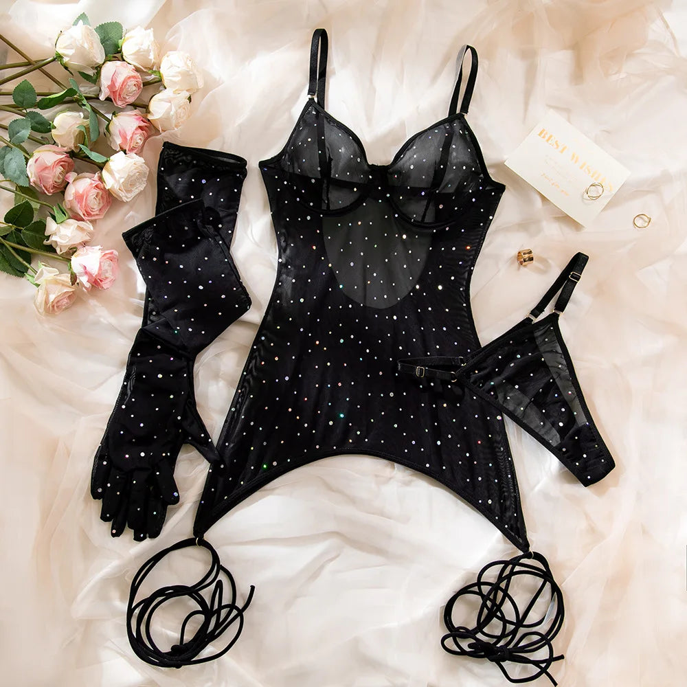 Honorine Shimmer Dot Sheer Mesh Garter Slip, Thong & Gloves Lingerie Three-piece