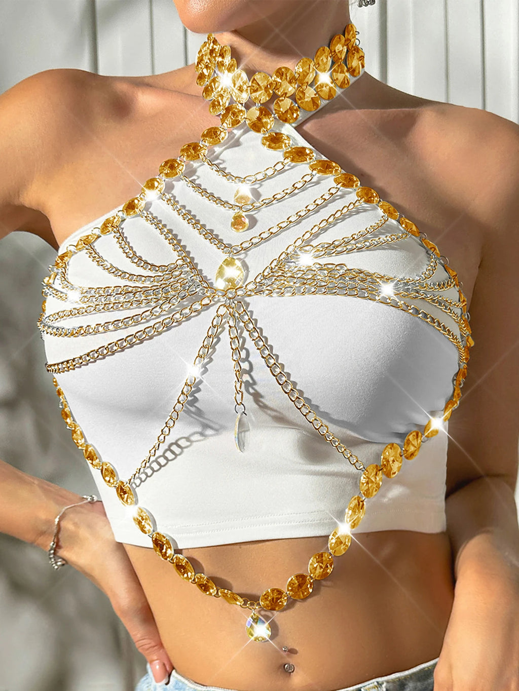 Leona Rhinestone Chain Corset Crop Top