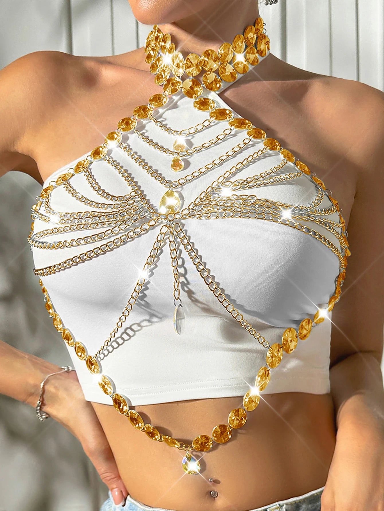 Leona Rhinestone Chain Corset Crop Top