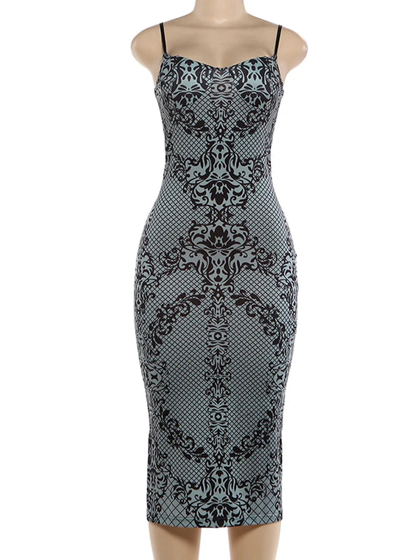 Kliou Art Print Sexy Fashion Sling Dress Woman Low-Neck Backless Sleeveless Skinny Stretch Midnight Party Elegant Long Bodycon
