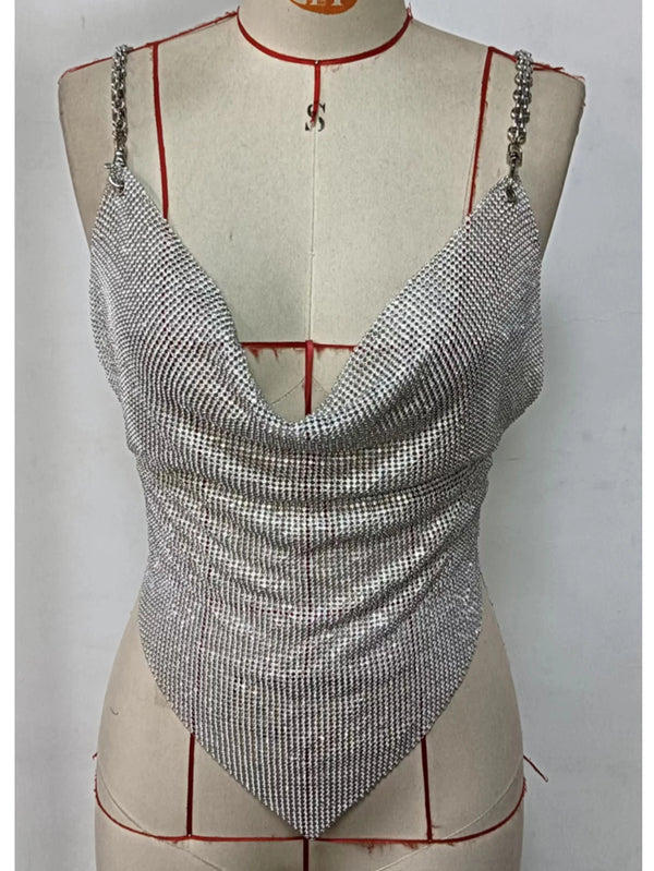 Elysia Metal Rhinestone Halter Crop Top One-piece