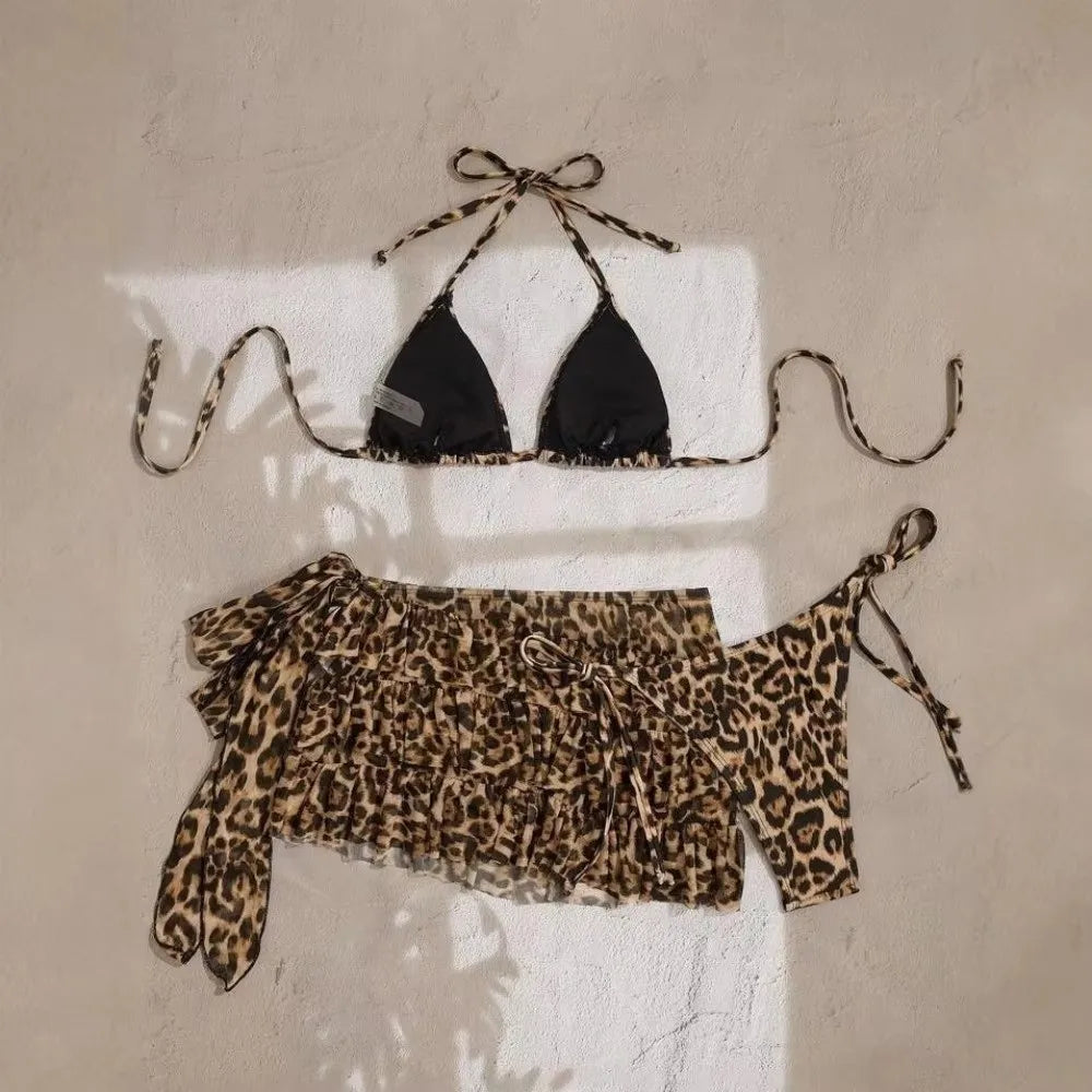 Fashion Leopard Print Women Swimsuit Padded 3-Piece Set Bikini Set Push Up Sexy Swimsuit Beach Vacations
