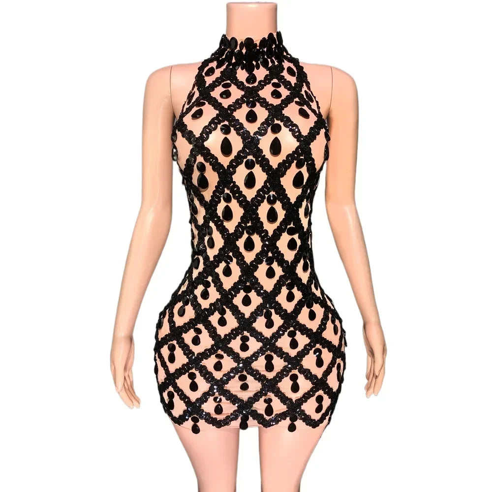 Adara Crystal Sequin Sheer Performance Mini Dress