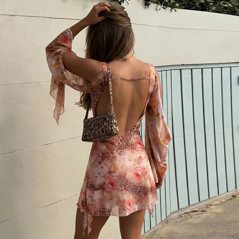 Liora Leopard Floral-Mesh Long-Sleeve Mini Dress