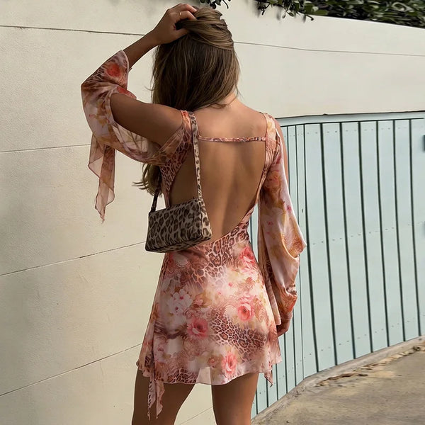 Liora Leopard Floral-Mesh Long-Sleeve Mini Dress