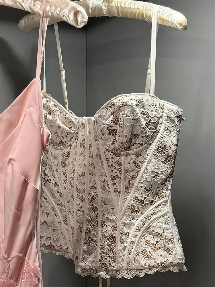 Tossy Summer Sexy Lace Vest Top For Women Hollow Out Bandage Fashion Patchwork Backless Cropped Top Female Lace Camisole Tops