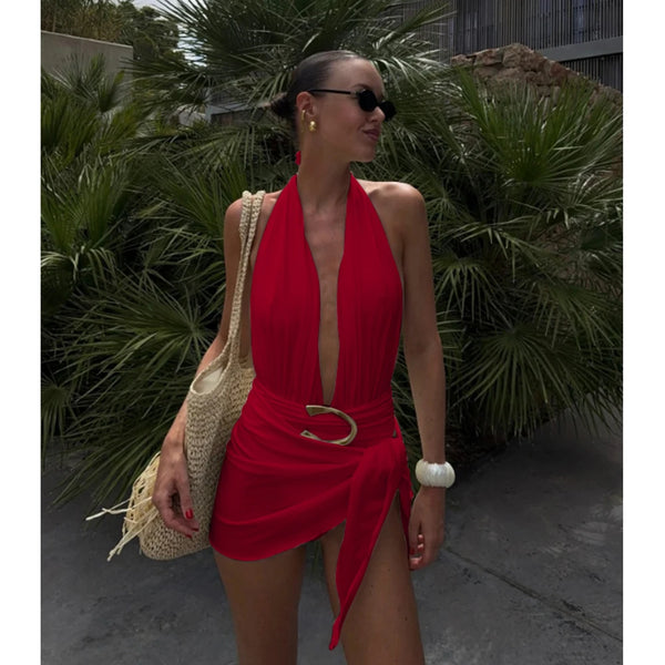 Two Pieces Micro Bikini 2026 Sexy Swimsuit Women Halter Swimwear Biquini Female Solid Bodysuit Bathing Suits Sarong Mini Skirt