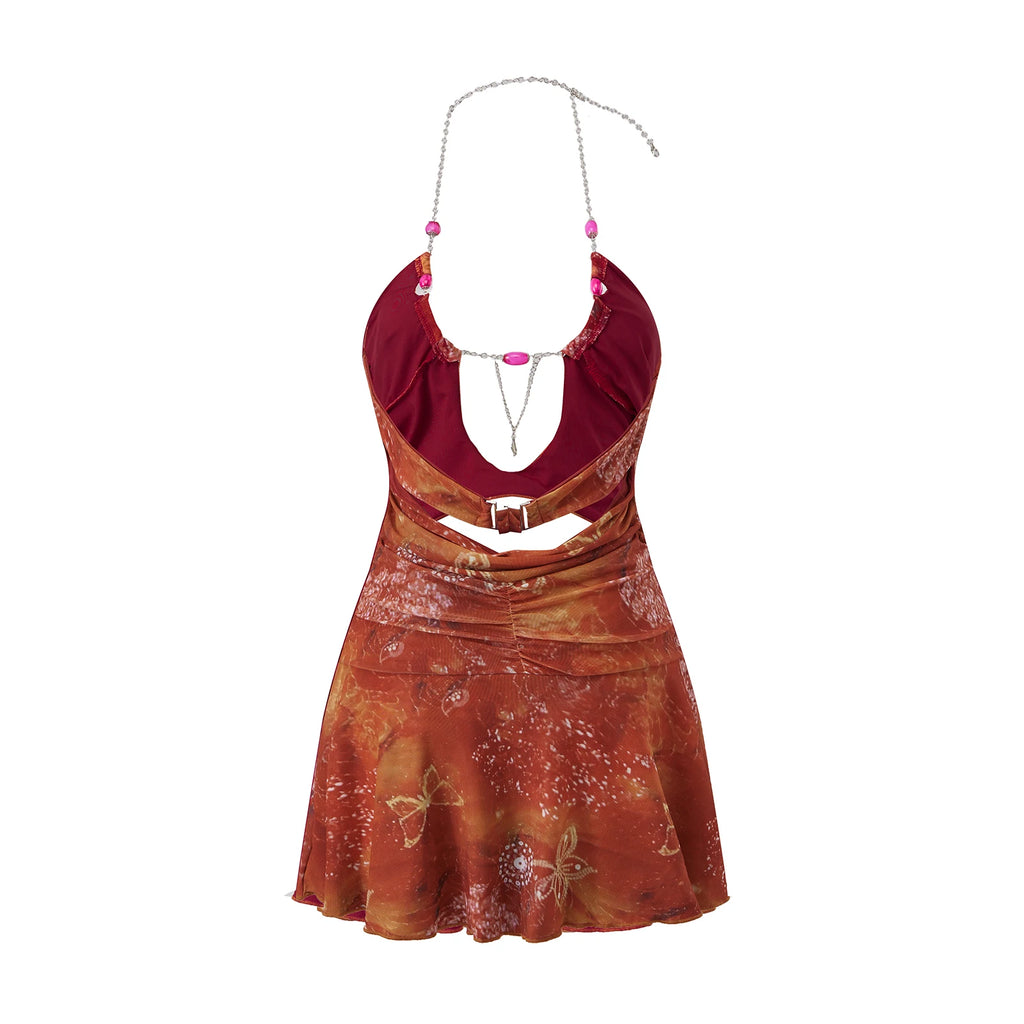 Freya Beaded-Chain Ruffle Halter Mini Dress