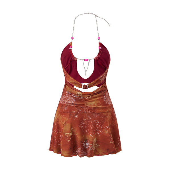 Freya Beaded-Chain Ruffle Halter Mini Dress