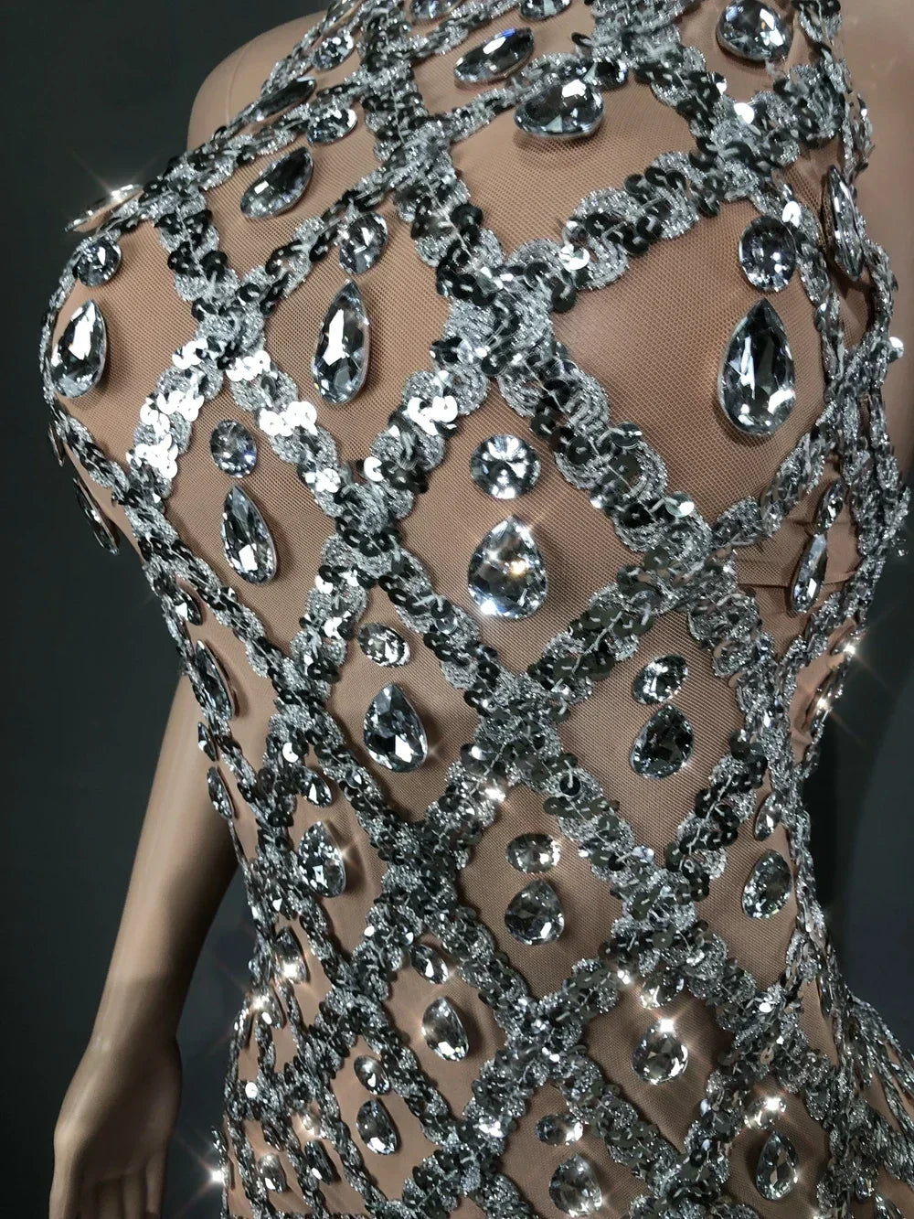 Adara Crystal Sequin Sheer Performance Mini Dress
