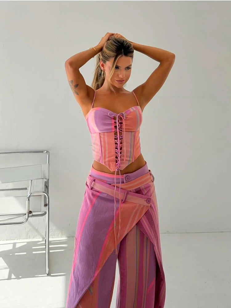 Valentina Striped Lace-Up Tube Top & Wrap Wide-Leg Pants Two-piece