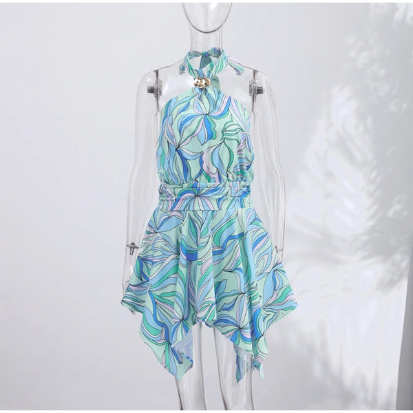 Ermengarde Print Halter Bow Backless Top & Long Skirt Set