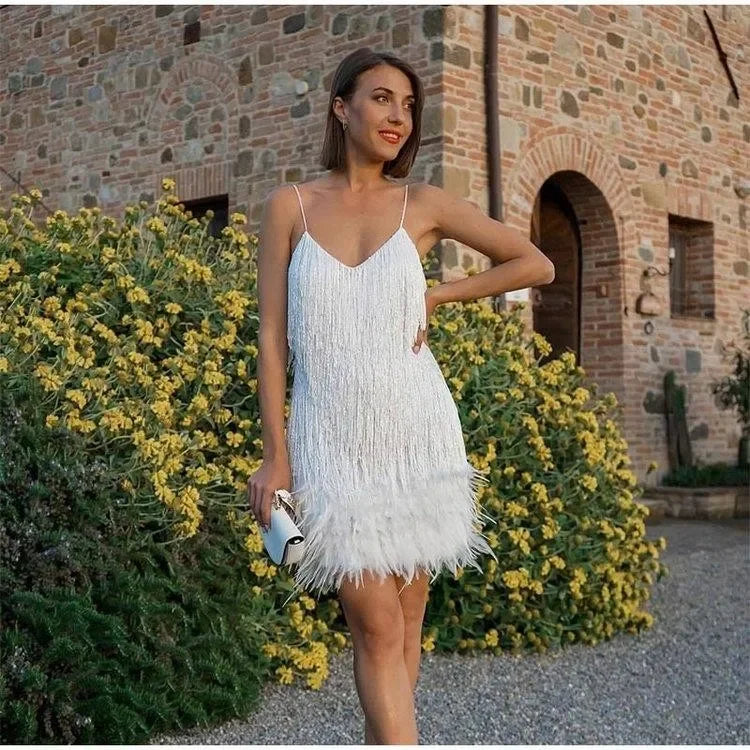 Ottoline Shimmer Fringe Feather-Hem Cami Bodycon Mini Dress