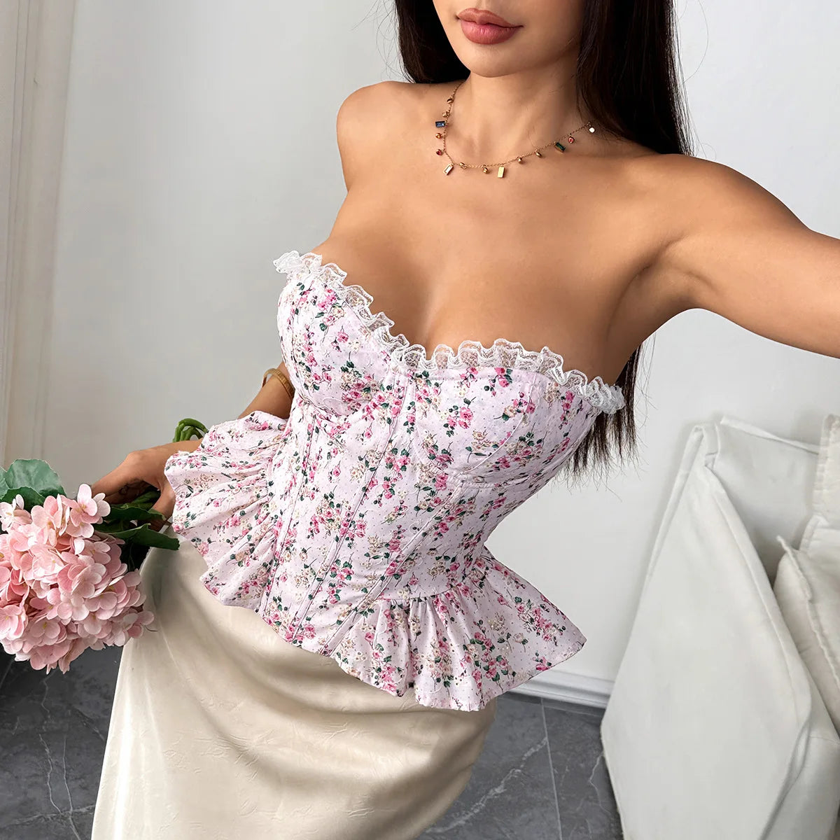 Yseult Floral Lace-Trim Lace-Up Corset Top One-piece