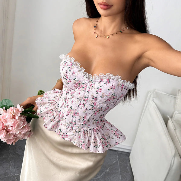 Yseult Floral Lace-Trim Lace-Up Corset Top One-piece