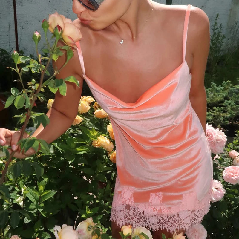 HUHUGIRL Mini Dresses Camisole Vacation Party Fashion Trendy Sleeveless Lace Patchwork Velvet Style For Women Summer Sexy Club
