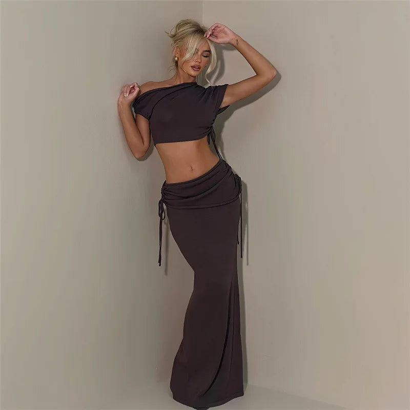 Briana Asymmetrical Drawstring Midi Skirt Set Two-piece