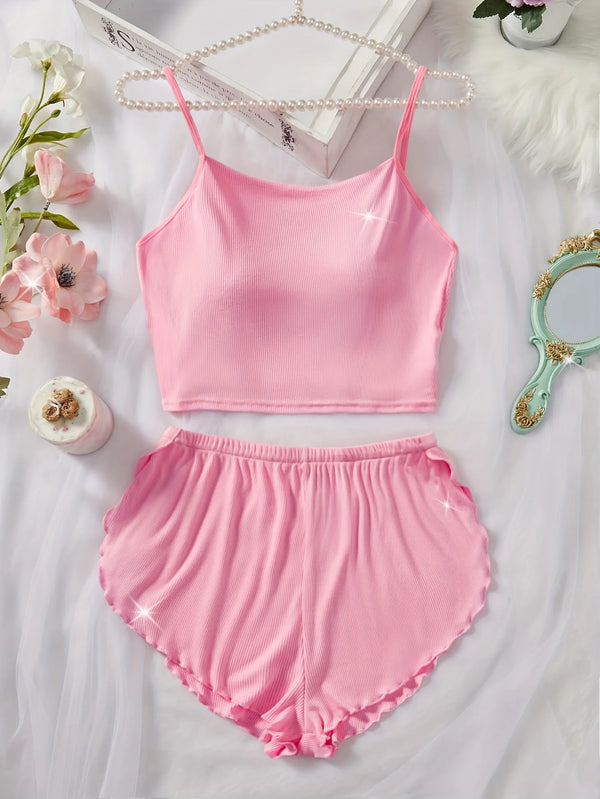 Pernilla Ribbed Cami & Ruffle-Trim Shorts Pajama Set Two-piece