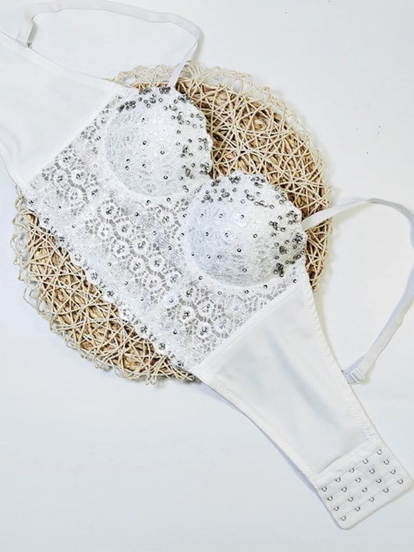 Sexy see through lace corset crop top women clothing summer cropped bustier bra halter tank top rhinestone club party tube tops