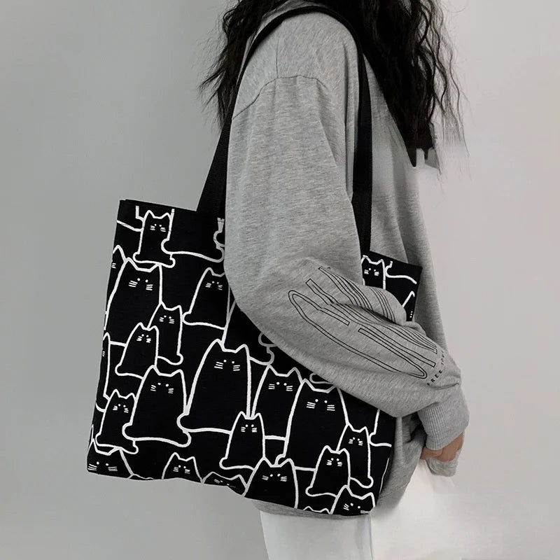 Canvas Handbag For Women 2023 Fashion Cute Cat Tote Messenger Bags With Zipper Designer Bag Ladies Cartoon Shoulder Shopper Bags