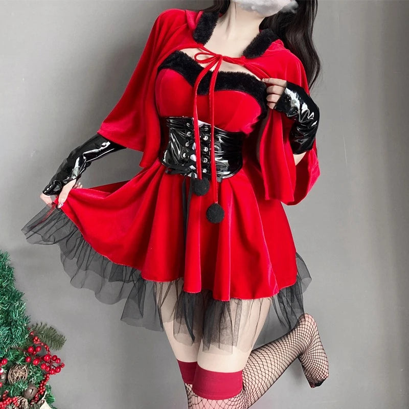 Lucinda Red Velvet Devil Costume Set with Cape, Corset Belt & Horns
