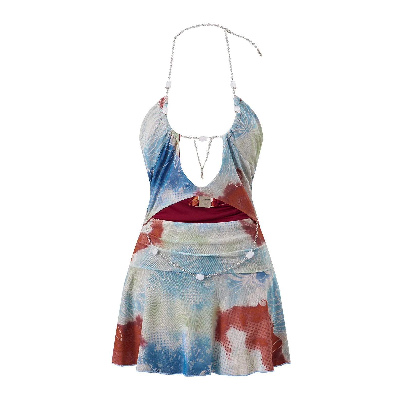 Freya Beaded-Chain Ruffle Halter Mini Dress