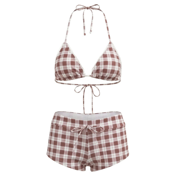 hirigin Women's 2 Piece Bikini Set Fashion Plaid Print Sleeveless Halter Neck Triangle Tops and Low Waist Boyshorts Bathing Suit