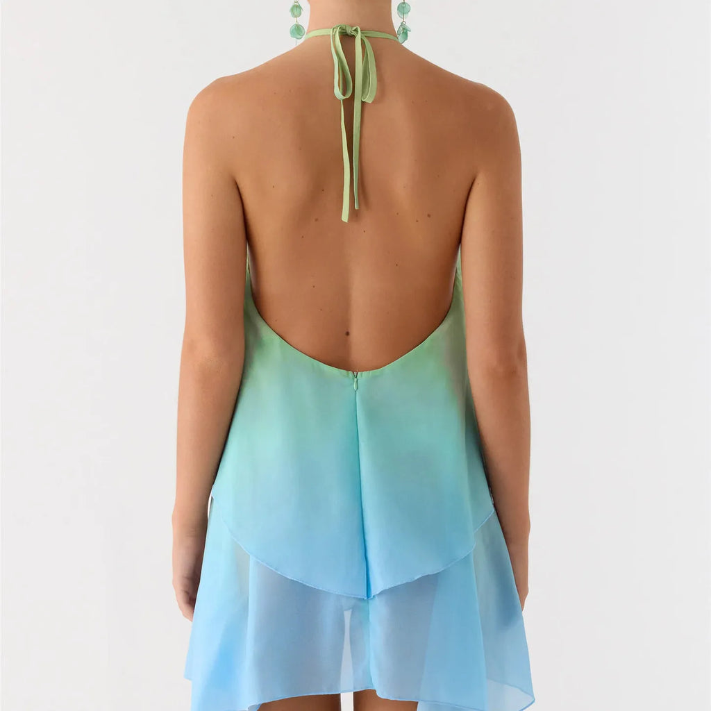Lana Gradient Halter Tie-Up Ruffle Sleeveless Mini Dress