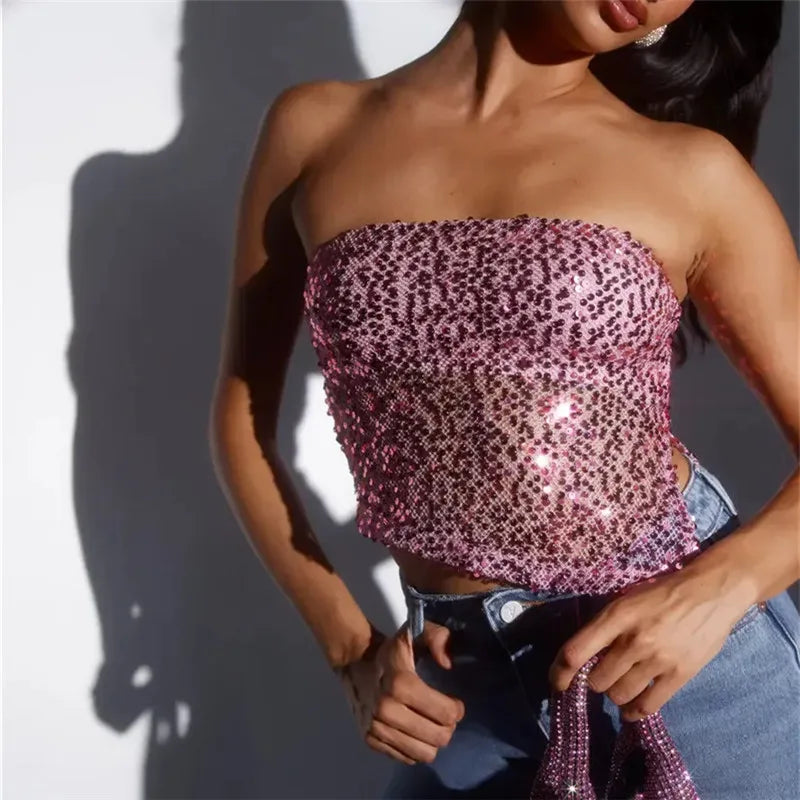 hirigin Women's Sequin Tube Tops Summer Off Shoulder Backless Sleeveless Asymmetrical Hem Shirt Sparkling Party Club Crop Top