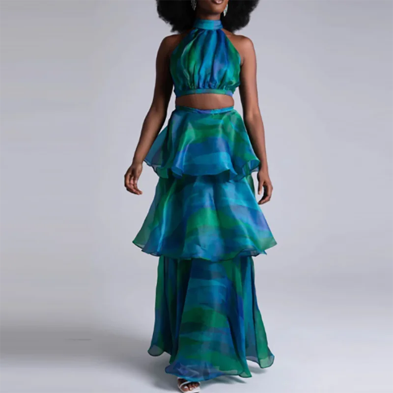 Jolanda Tie-Dye Print Halter Crop Top & Tiered Ruffle Maxi Skirt Main image