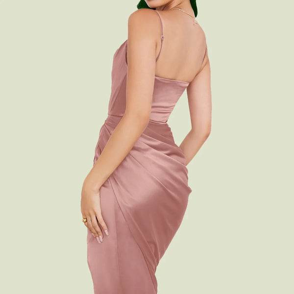 New Asia Ruched Satin Summer Dress Drawstring Spaghetti Straps Cowl Neck Backless Long Dresses for Women Party Sexy Vestidos
