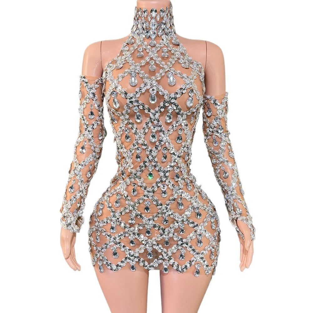 Calliope Rhinestone Performance Mini Dress & Gloves Two-piece