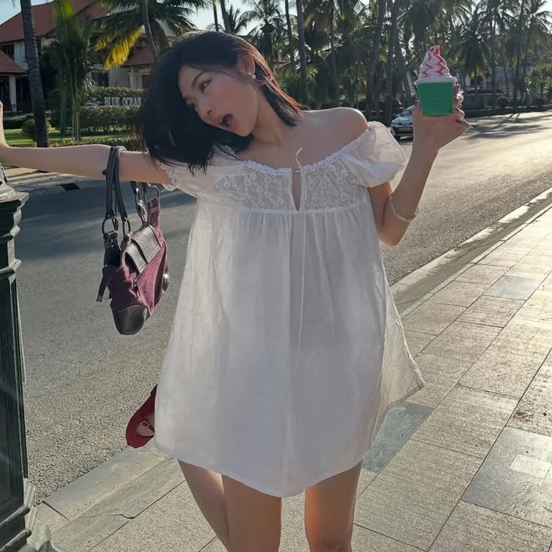 PixieKiki Women's Casual Loose Bubble Sleeves Mini Dress Mori Girl Cutecore White Summer Dresses P33-DD16