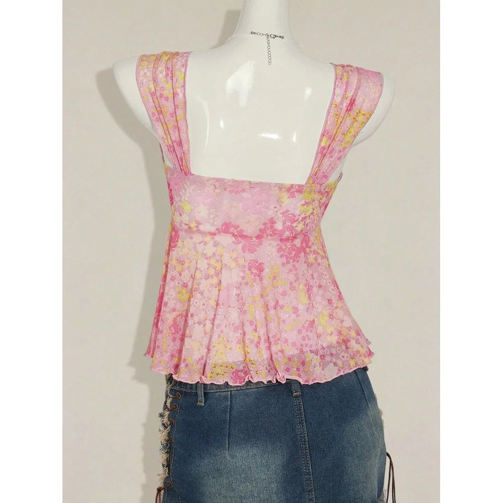 Poppy V-Neck Bow Sheer Camisole Crop Top One-piece