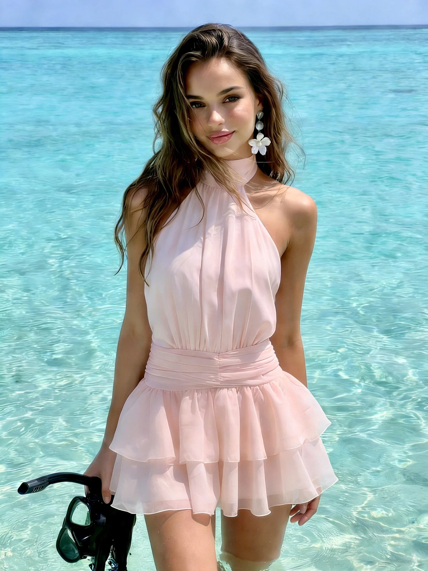 Violetta Chiffon Ruched Halter Mini Dress