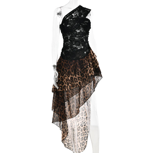 Amaranta Sheer Lace & Leopard One-Shoulder Ruffle Dress